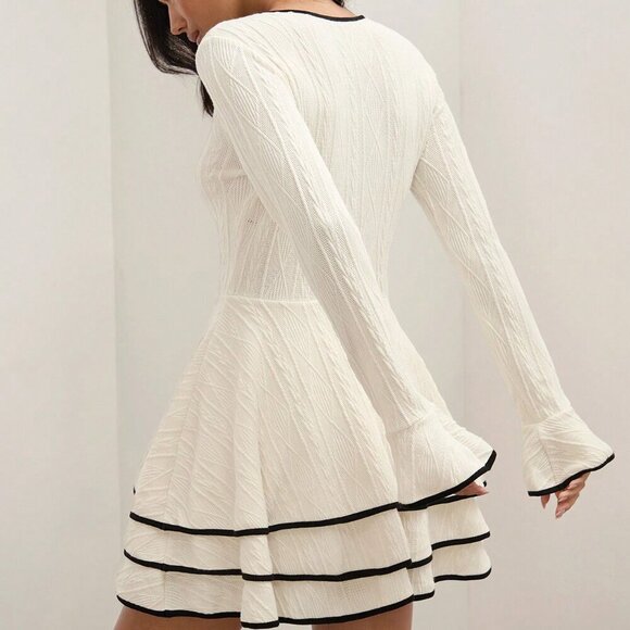 Multicolor Casual Women's Old Money Patchwork Trim Layered Hem Dress - Picture 2 of 6